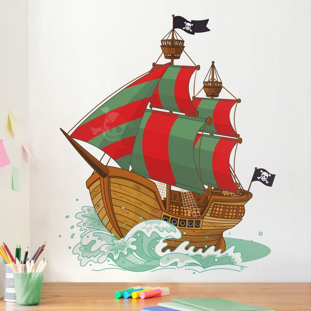 Vinilos de pared piratas Pirate Ship with red and green Sails