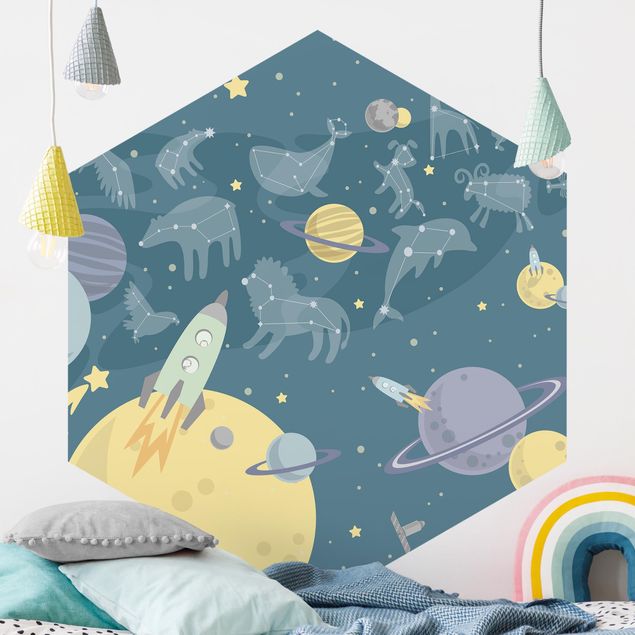 Decoración infantil pared Planets With Zodiac And Rockets