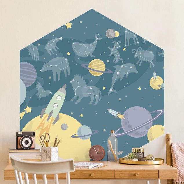 Papel pintado de nubes Planets With Zodiac And Rockets