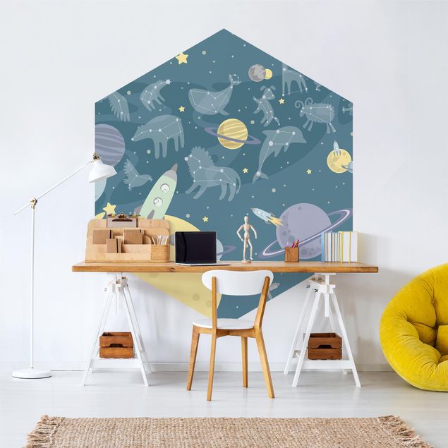 Papel pintado salón moderno Planets With Zodiac And Rockets