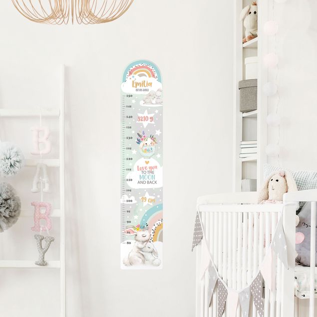 Medidores infantiles de pared Rainbow rabbits to the moon with custom name