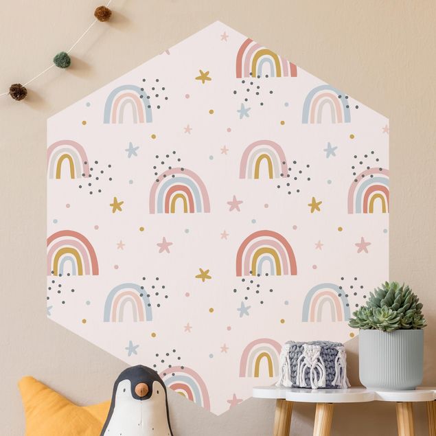 Papel pared montañas Rainbow World With Stars And Dots