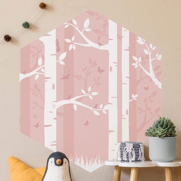 Papel pintado mariposas Pink Birch Forest With Butterflies And Birds