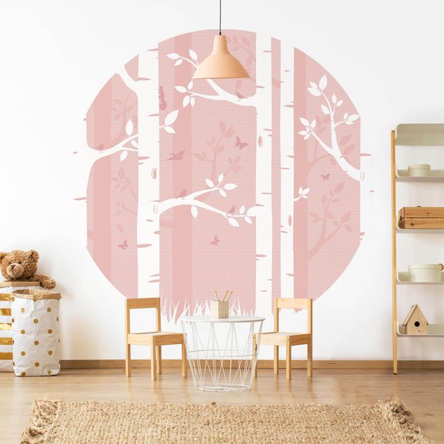 Decoración habitación infantil Pink Birch Forest With Butterflies And Birds