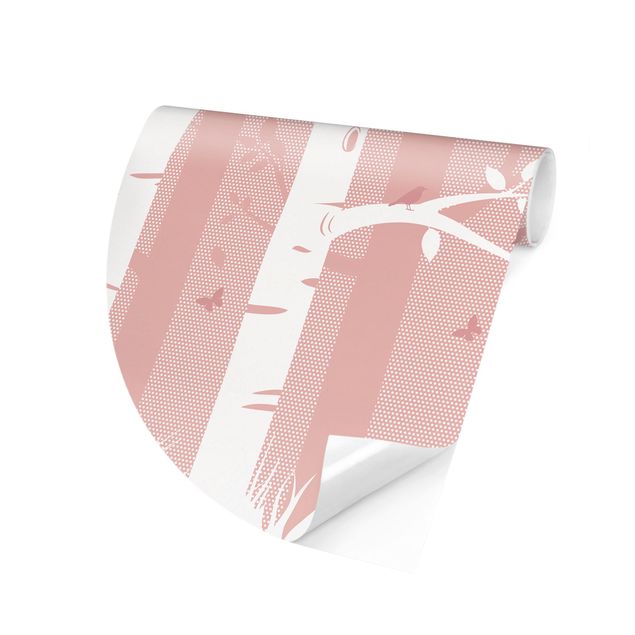 Papel pintado moderno Pink Birch Forest With Butterflies And Birds
