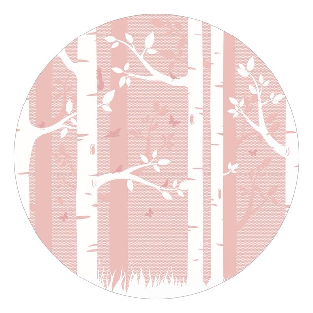 Papel pintado paisajes Pink Birch Forest With Butterflies And Birds