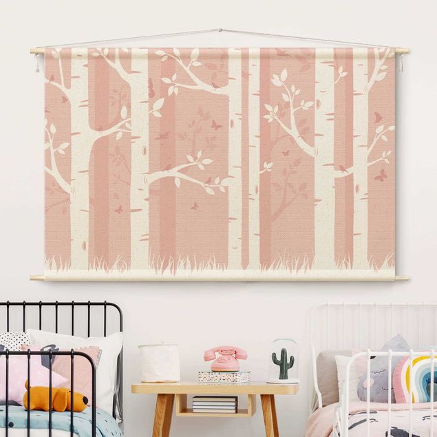 Tapices modernos para pared Pink Birch Forest With Butterflies And Birds