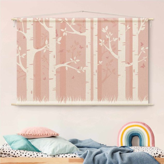 Tapices de bosque Pink Birch Forest With Butterflies And Birds