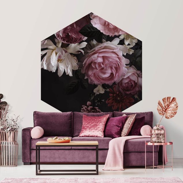 Papel pintado floral Pink Flowers On Black Vintage