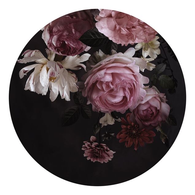 Papel pintado rústico Pink Flowers On Black Vintage
