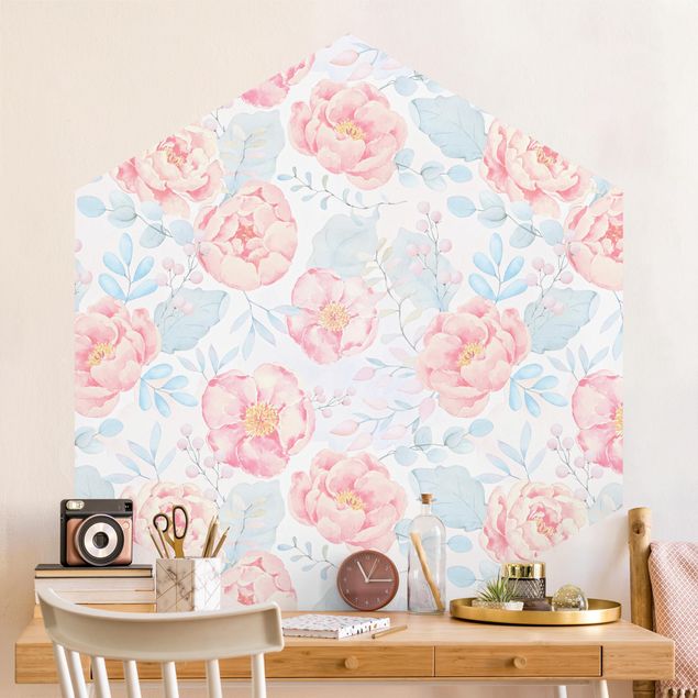 Papel pintado rosas Pink Flowers With Light Blue Leaves