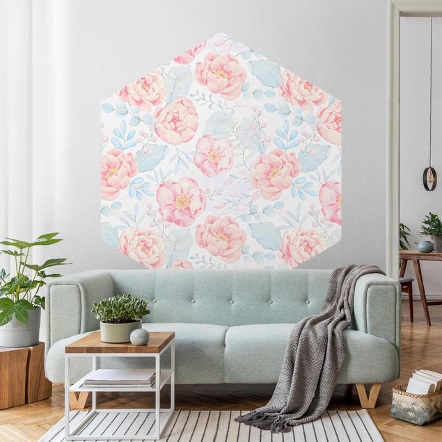 Papel pared flores Pink Flowers With Light Blue Leaves