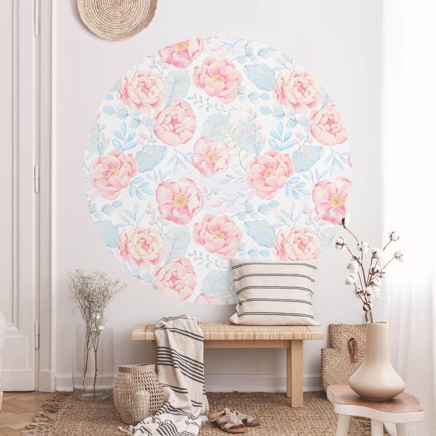 Decoración cocina Pink Flowers With Light Blue Leaves