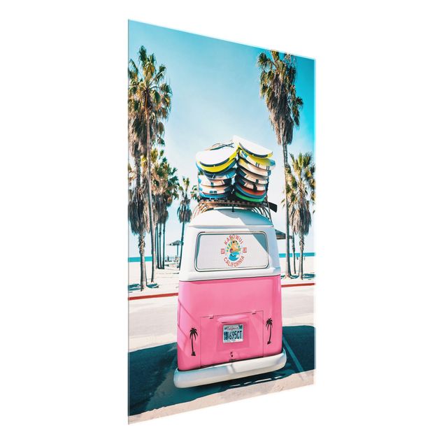 Cuadros de cristal paisajes Pink VW Bus With Surfboards