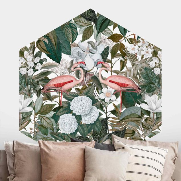 Papel pintado flamenco Pink Flamingos With Leaves And White Flowers