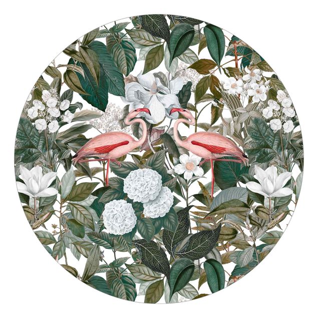Papel pintado floral Pink Flamingos With Leaves And White Flowers