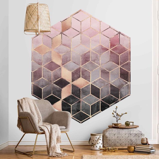 Papel pintado 3d Pink Gray Golden Geometry