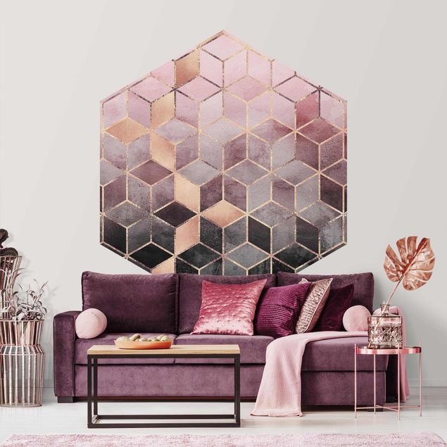 Papel pintado con patrones Pink Gray Golden Geometry