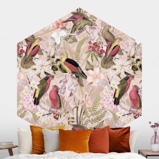 Papel pintado aves Pink Pastel Birds With Flowers