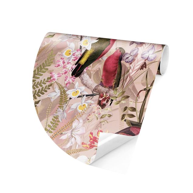 Papel pintado floral Pink Pastel Birds With Flowers