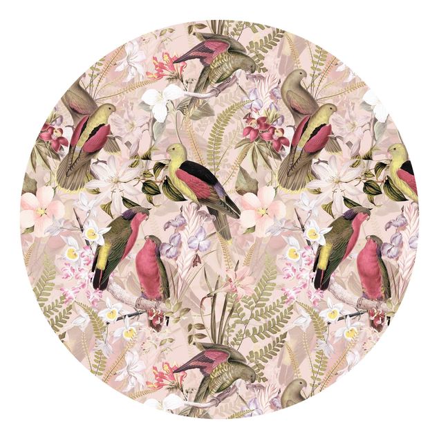 Papel pintado con patrones Pink Pastel Birds With Flowers