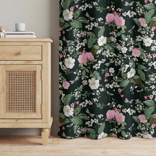 cortinas a medida on line Roses And Butterflies On Dark Green