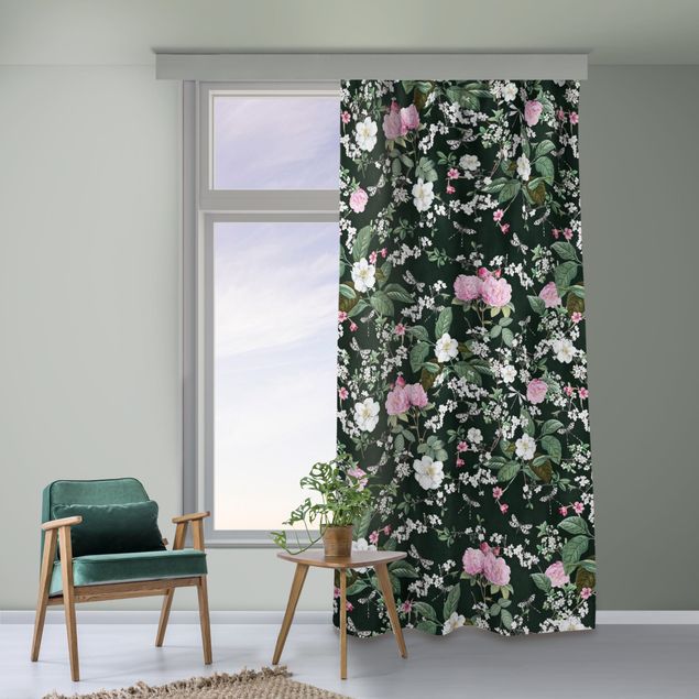 cortinas para sala modernas Roses And Butterflies On Dark Green