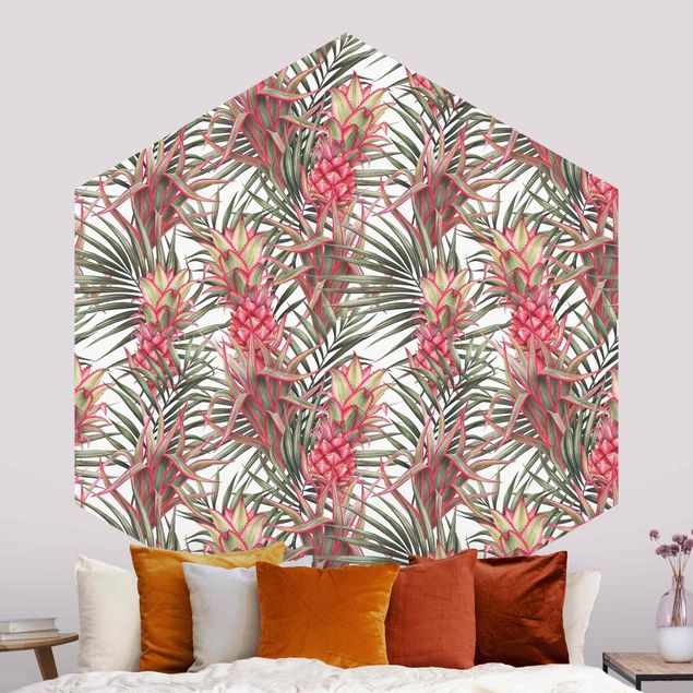 Papel pared flores Red Pineapple With Palm Leaves Tropical