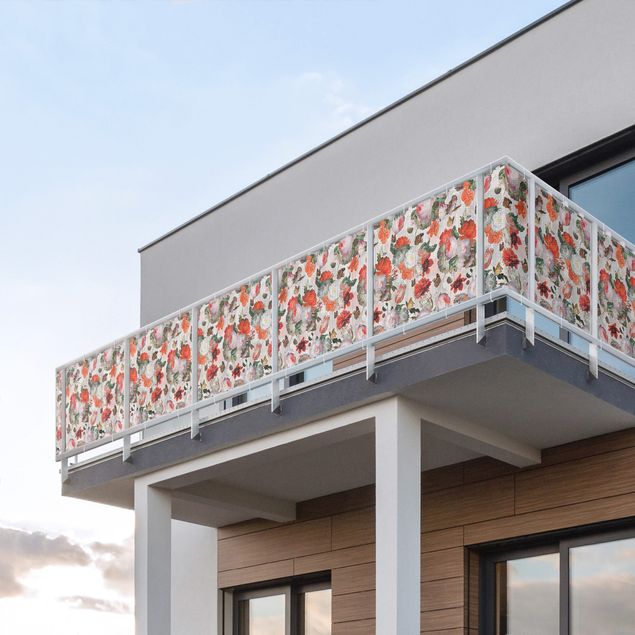 Pantalla de privacidad para balcón a prueba de tormentas Red Flowers With Butterflies