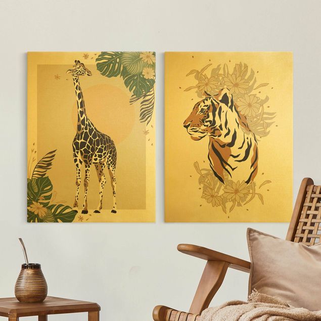 Lienzos de jirafas Safari Animals - Giraffe And Tiger