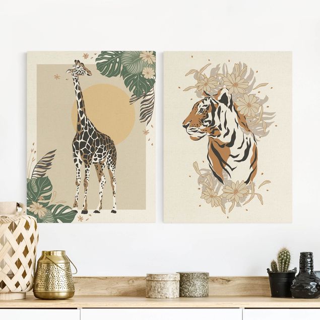 Lienzos de jirafas Safari Animals - Giraffe And Tiger