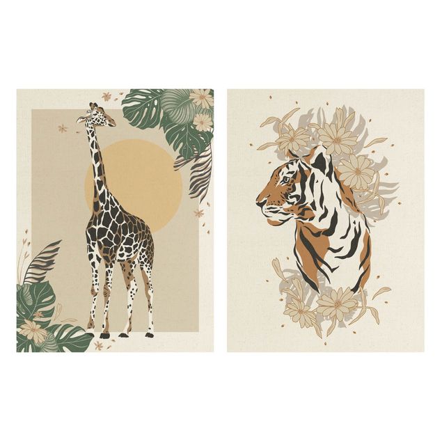 Lienzos flores Safari Animals - Giraffe And Tiger