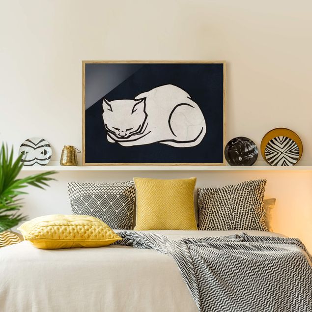 Pósters enmarcados en blanco y negro Sleeping Cat Illustration
