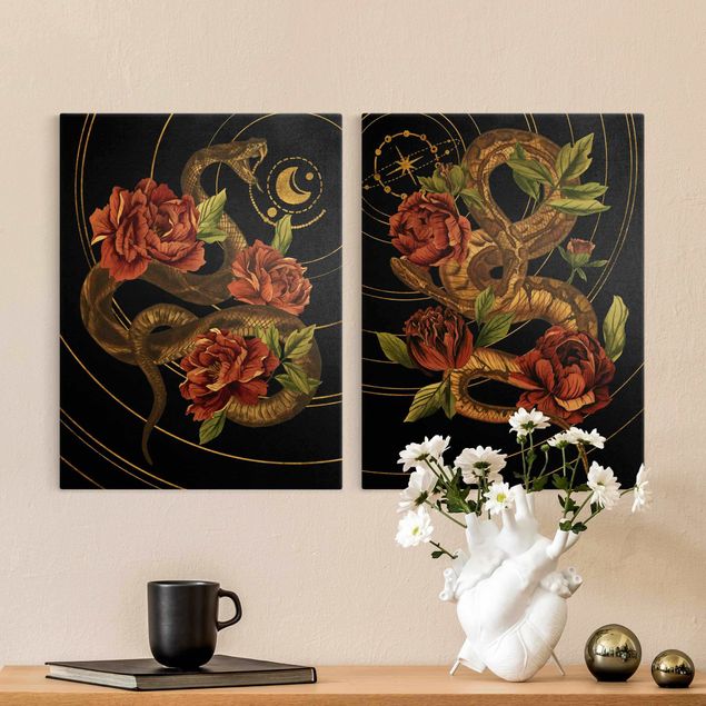 Lienzos de rosas Snake With Roses Black And Gold Duo
