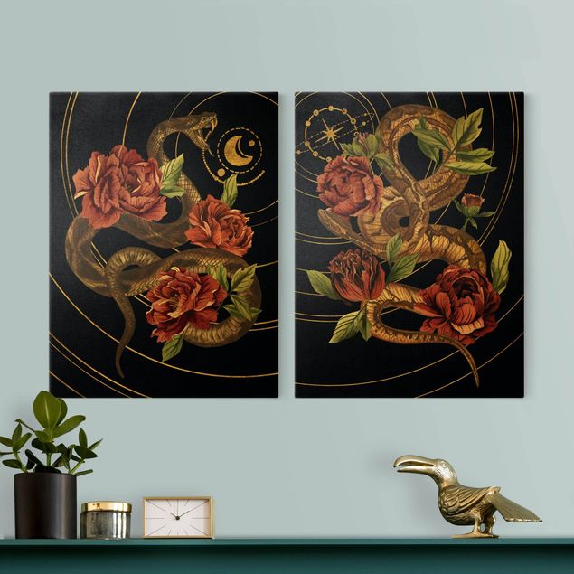 Cuadros flores Snake With Roses Black And Gold Duo