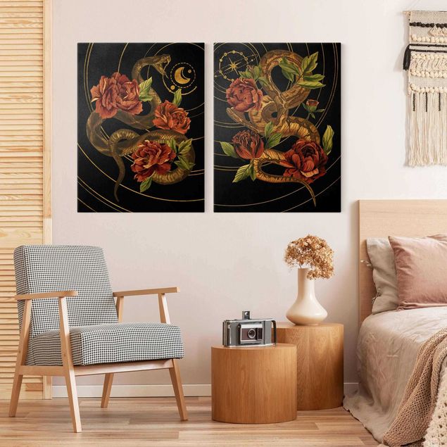Cuadros de plantas Snake With Roses Black And Gold Duo