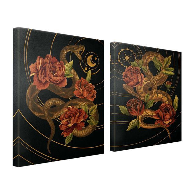 Cuadros decorativos Snake With Roses Black And Gold Duo