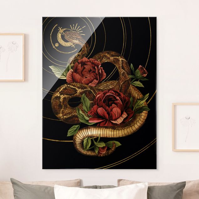 Cuadros de cristal rosas Snake With Roses Black And Gold I