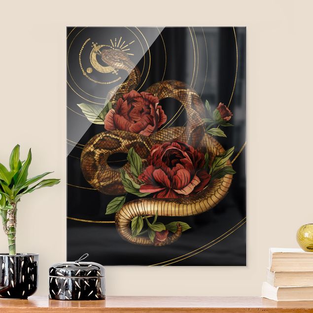 Cuadros de cristal flores Snake With Roses Black And Gold I