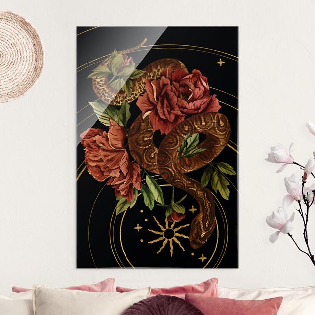 Cuadros de cristal rosas Snake With Roses Black And Gold III