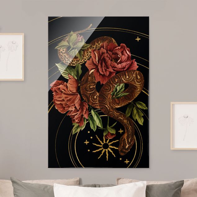 Cuadros de cristal flores Snake With Roses Black And Gold III