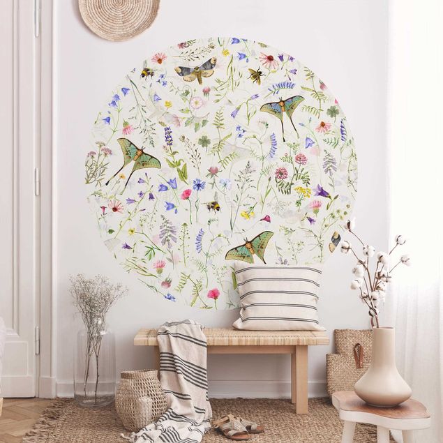 Papel pared flores Butterflies With Flowers On Cream Colour