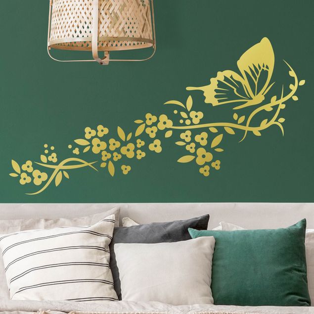 Vinilo pared plantas Flying Butterfly and Flower Tendrils