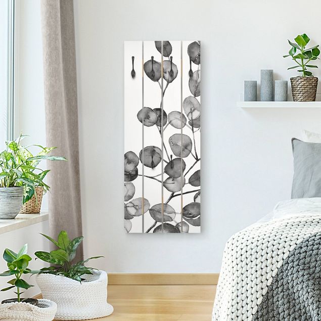 Percheros de pared en blanco y negro Black And White Eucalyptus Twig Watercolour