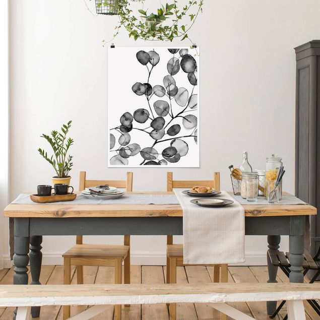 Lámina de flores Black And White Eucalyptus Twig Watercolour