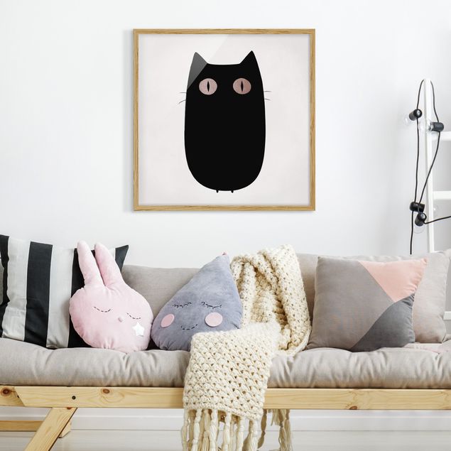 Pósters enmarcados en blanco y negro Black Cat Illustration