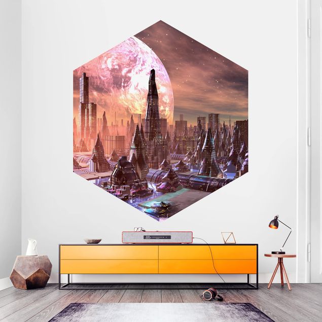 Papel pintado hexagonal Sci-Fi City With Planets