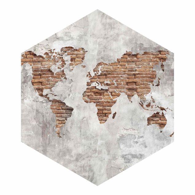 Papel pintado tonos rojos Shabby Concrete Brick World Map