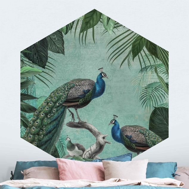Papel pintado aves Shabby Chic Collage - Noble Peacock