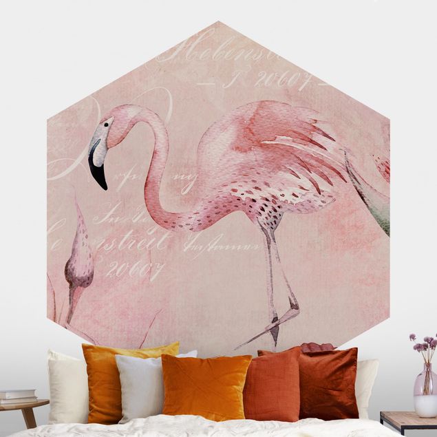 Papel pared flamencos Shabby Chic Collage - Flamingo